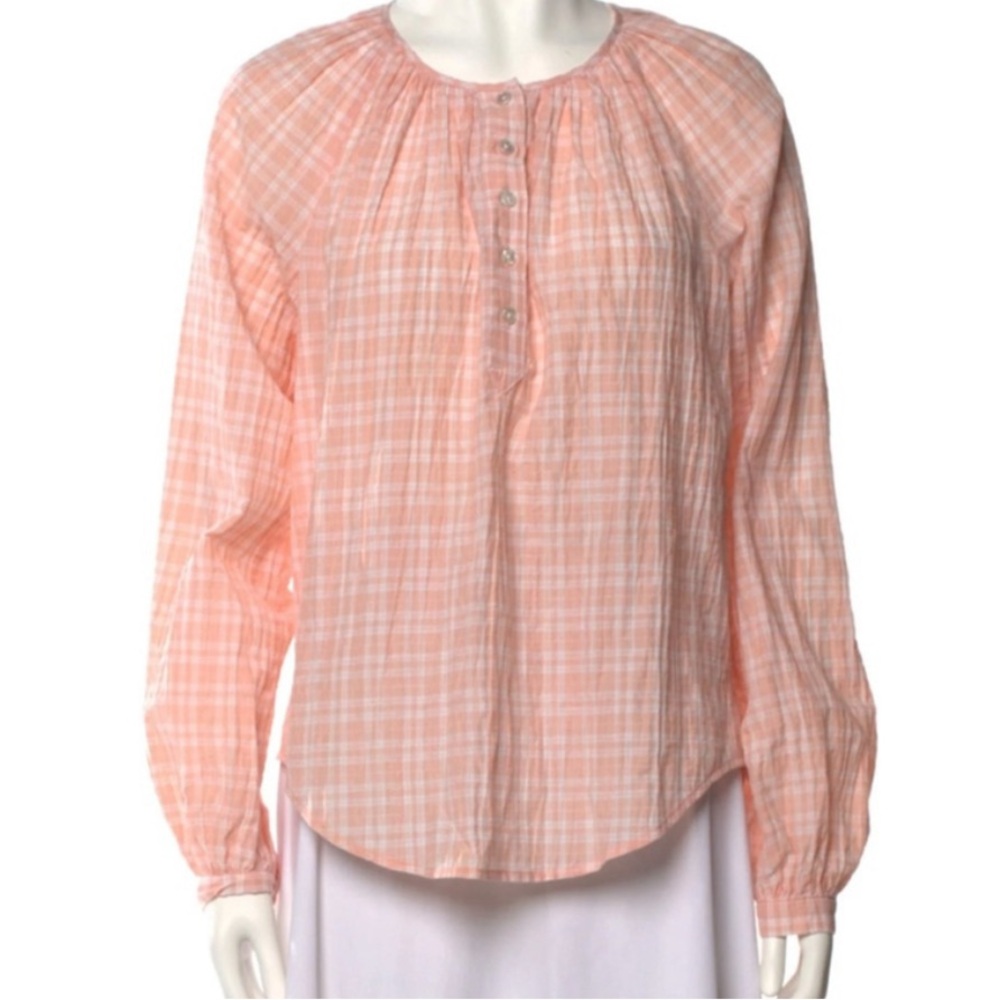 Veronica Beard Peach Plaid Long Sleeve Blouse Size XS